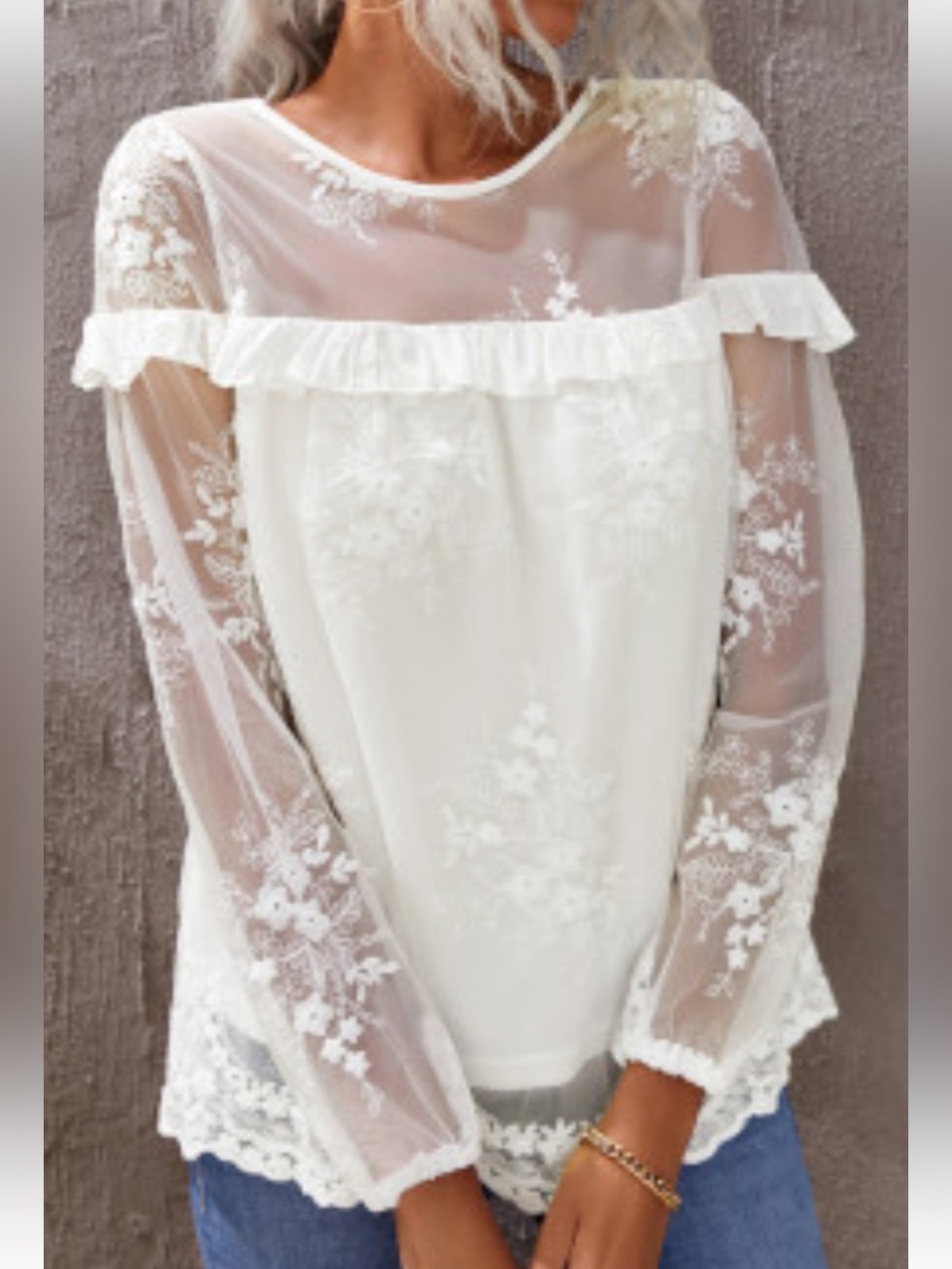 Vine & Love White Sheer Lace Floral Ruffle Trim Embroidered Blouse New With Tags - Picture 11 of 11